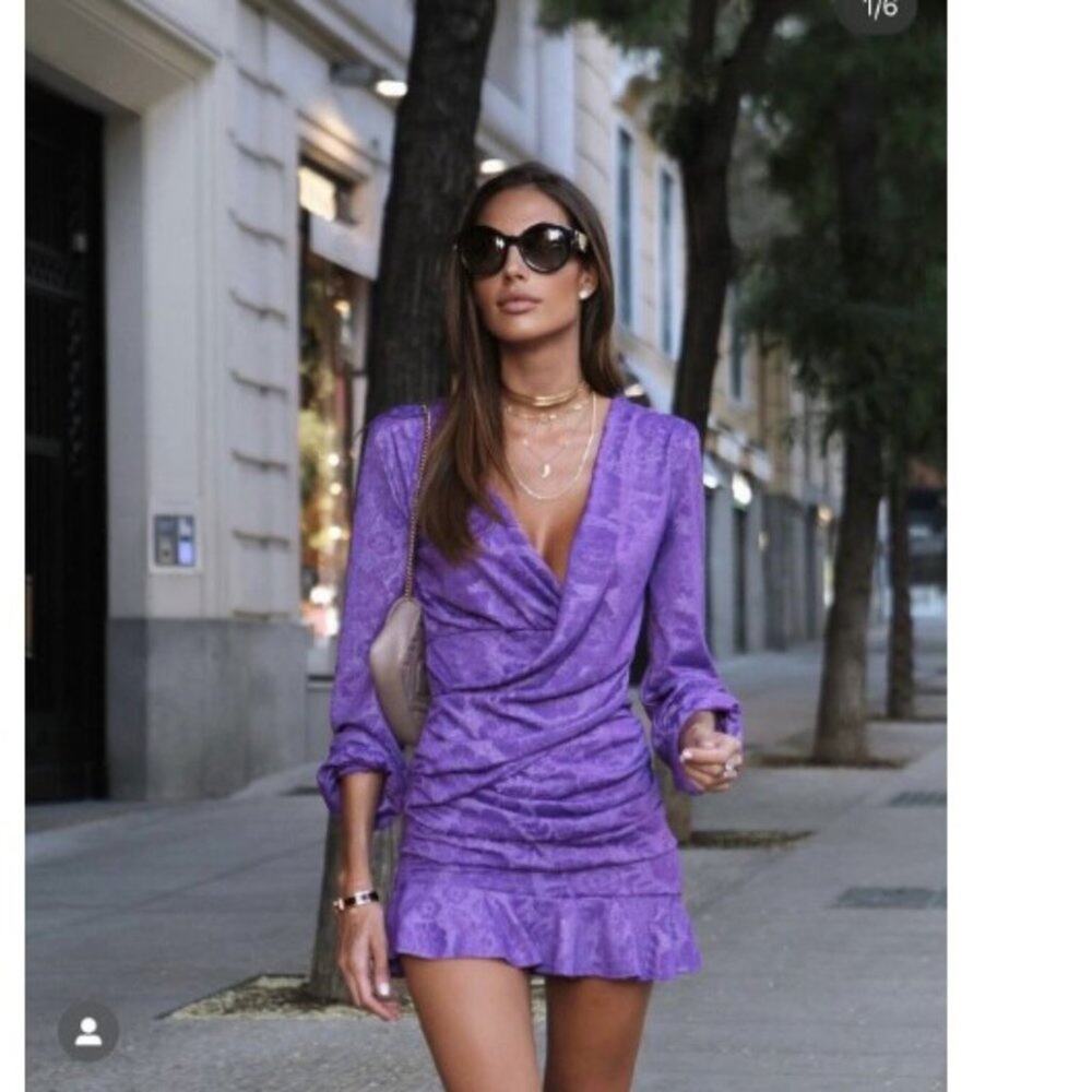 Zara Purple Wrap Front Mini Dress Long Sleeve Floral Embossed Print V-Neck Small